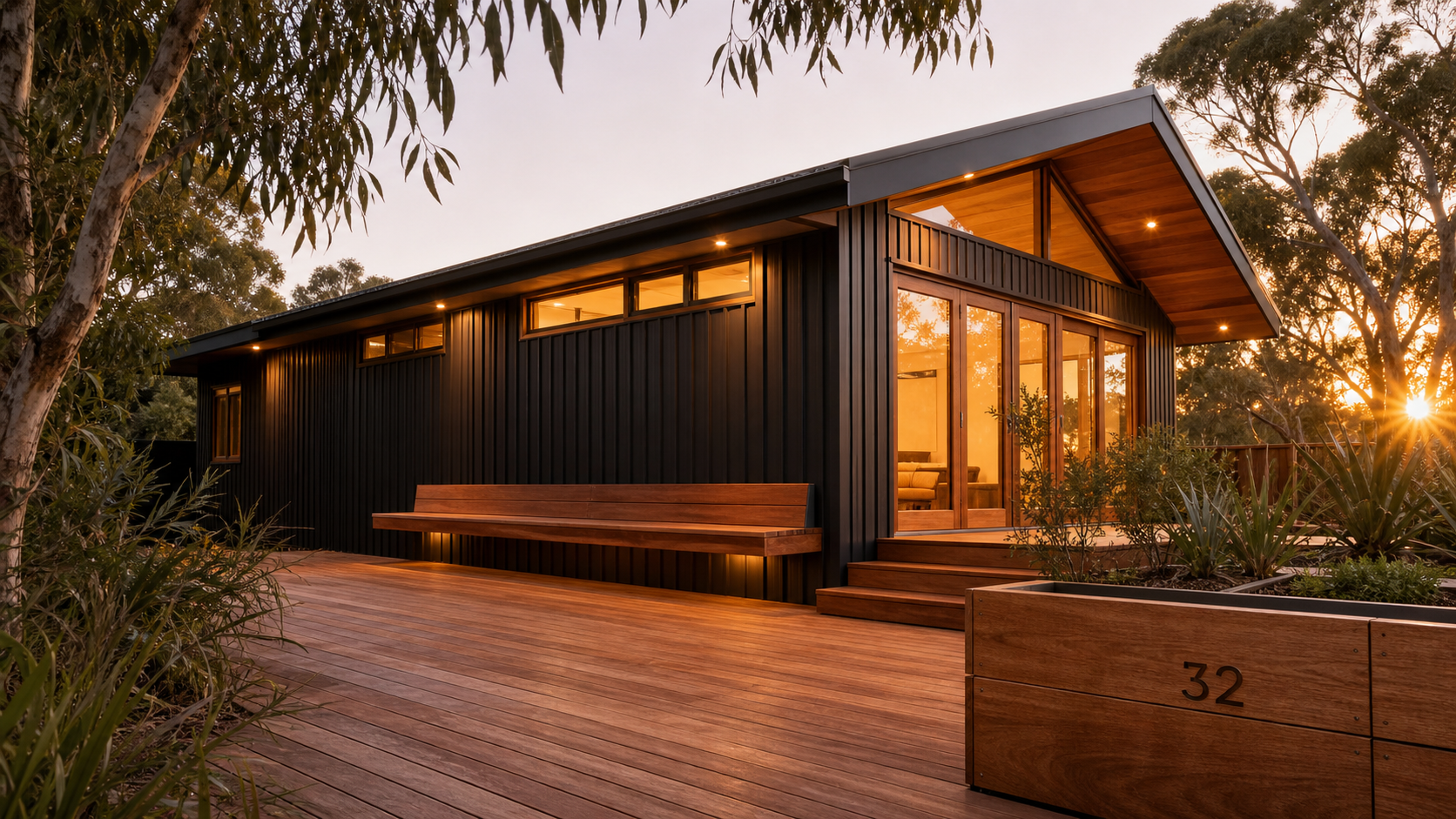 Modern timber and charcoal Colorbond custom home at dusk by Build 32 Construction, Perth